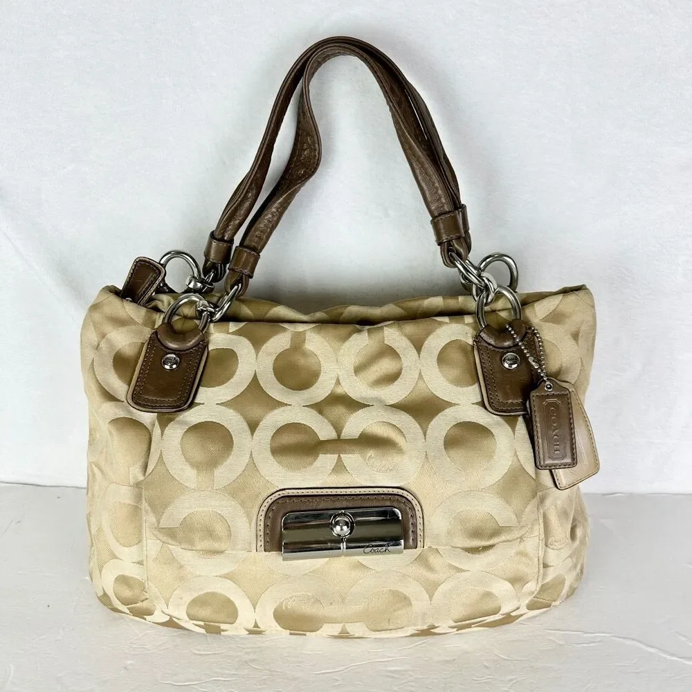 Coach Kristen Signature Op Art Hobo Purse Sateen Zip Top